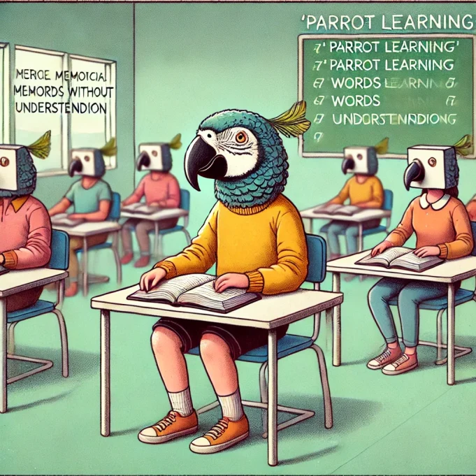 DALL·E 2025-03-09 23.01.35 - A conceptual illustration of 'Parrot Learning' (Rote Learning)_ A student with a parrot head sitting in a classroom, repeating words from a book witho